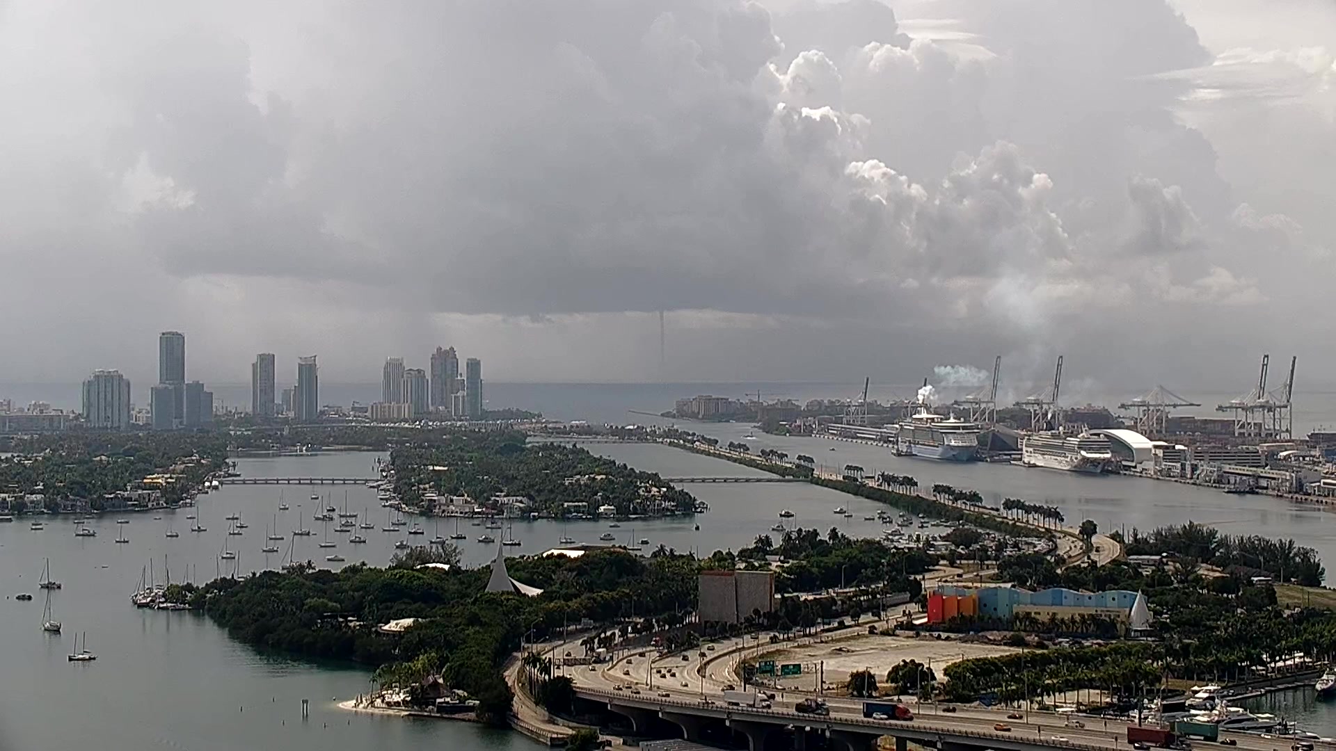 Waterspout touches down off the Port in Miami, Florida