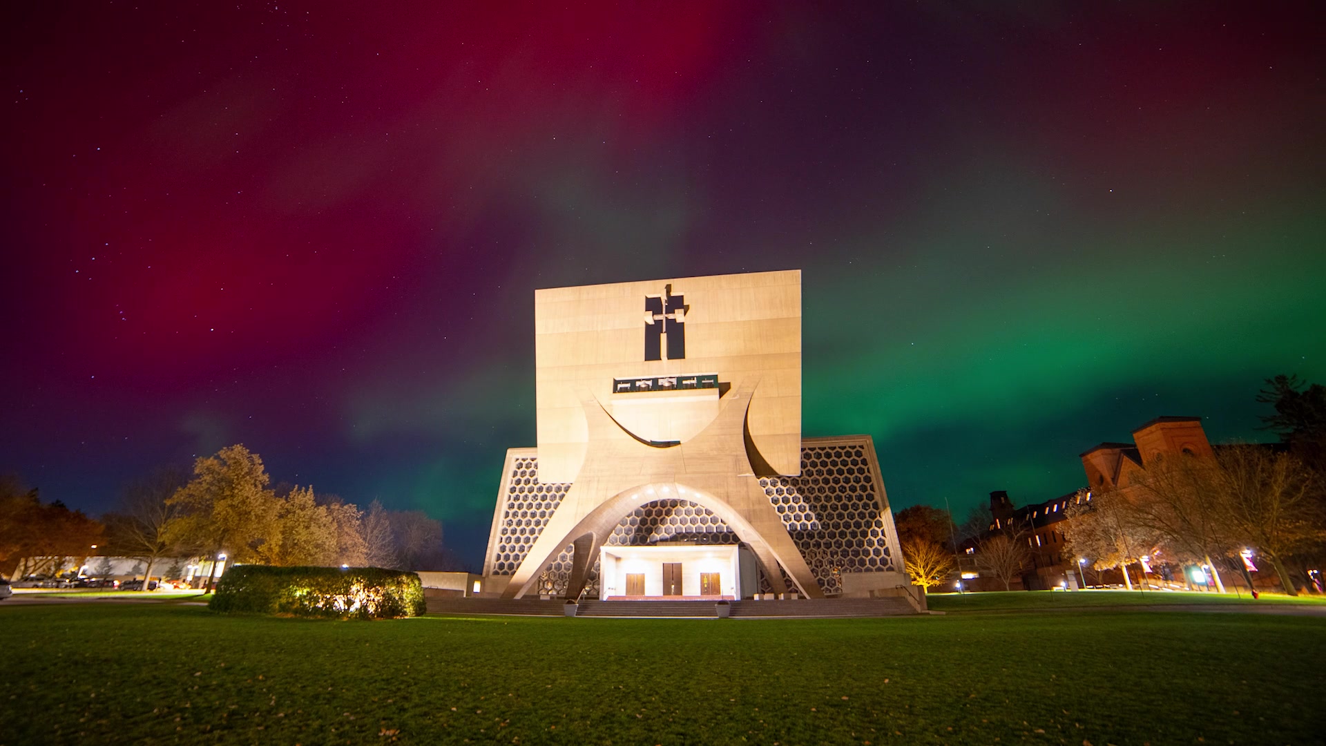 Aurora Borealis fills the sky over Saint Johns University, Collegeville